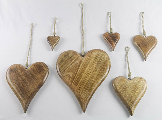 Mango Wood Set Of 6 Hanging Hearts Solid